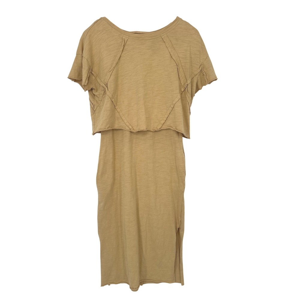 VOY Midi Dress S Tan Slub Knit Layered Raw Hem Boho Lagenlook Earthy Neutral